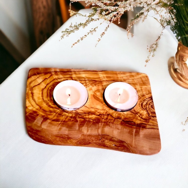 Olive Wood Flat Wooden Tealight Candle Holder | Various Sizes