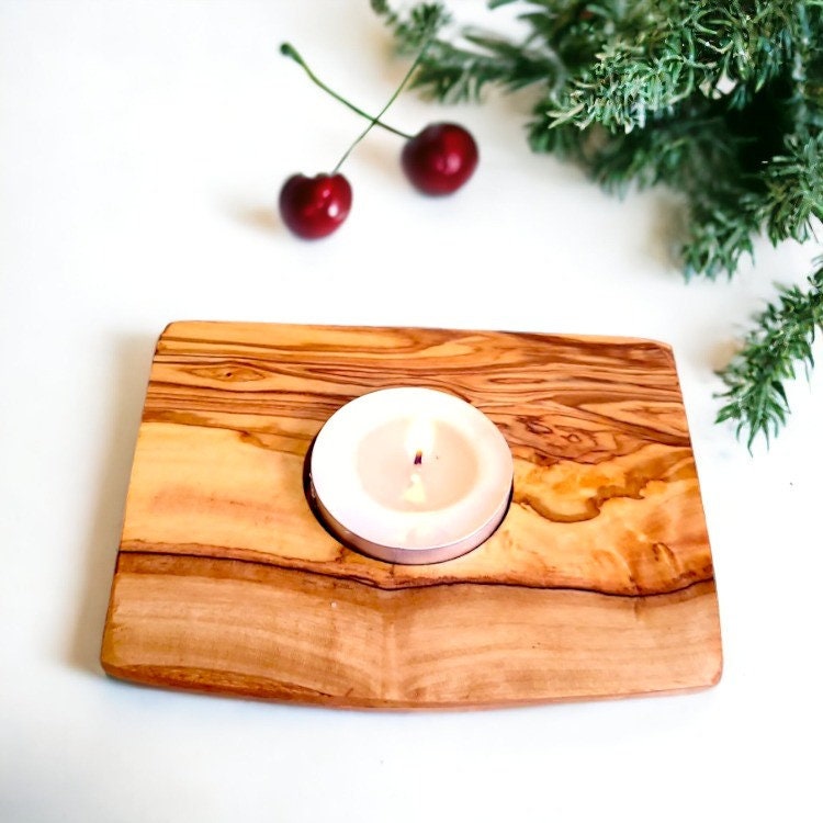 Olive Wood Flat Wooden Tealight Candle Holder | Various Sizes