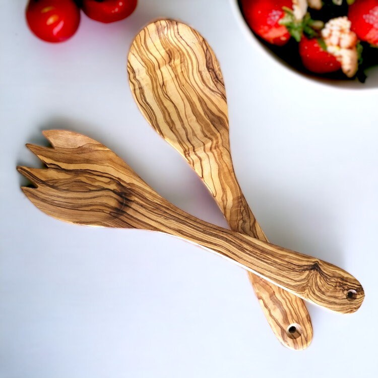 Olive Wood Large Salad Serving Set Of Wooden Spork & Spoon | Various Sizes