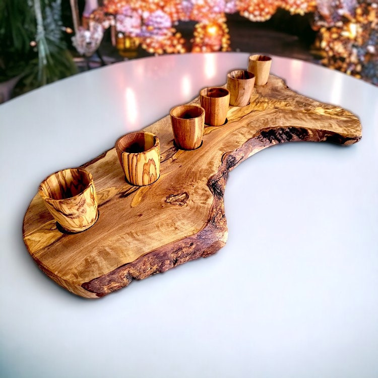 Olive Wood Wooden Shot Glasses With Stand