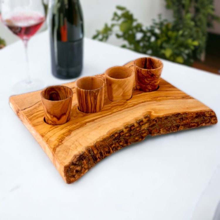 Olive Wood Wooden Shot Glasses With Stand