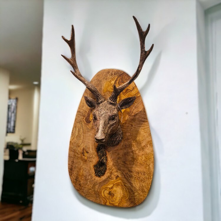 Olive Wood Handcrafted Wooden Deer Head Hanging Wall Decor | Looks Great In Log Cabins & AirBnB's