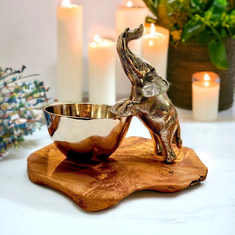 Olive wood base elephant bowl – handcrafted and natural design