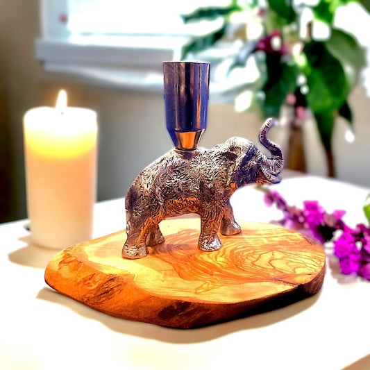 Olive wood elephant candle holder