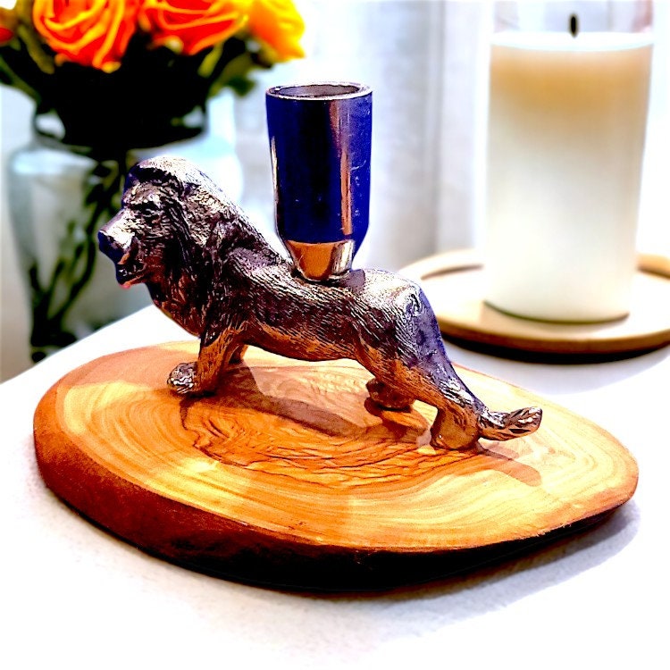 Olive wood lion candle holder