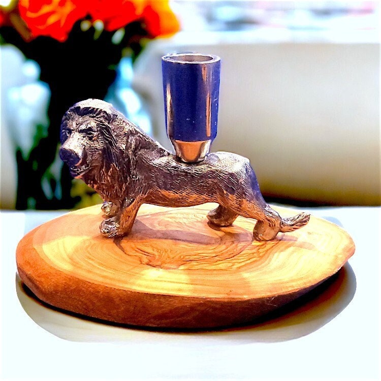 Olive wood lion candle holder