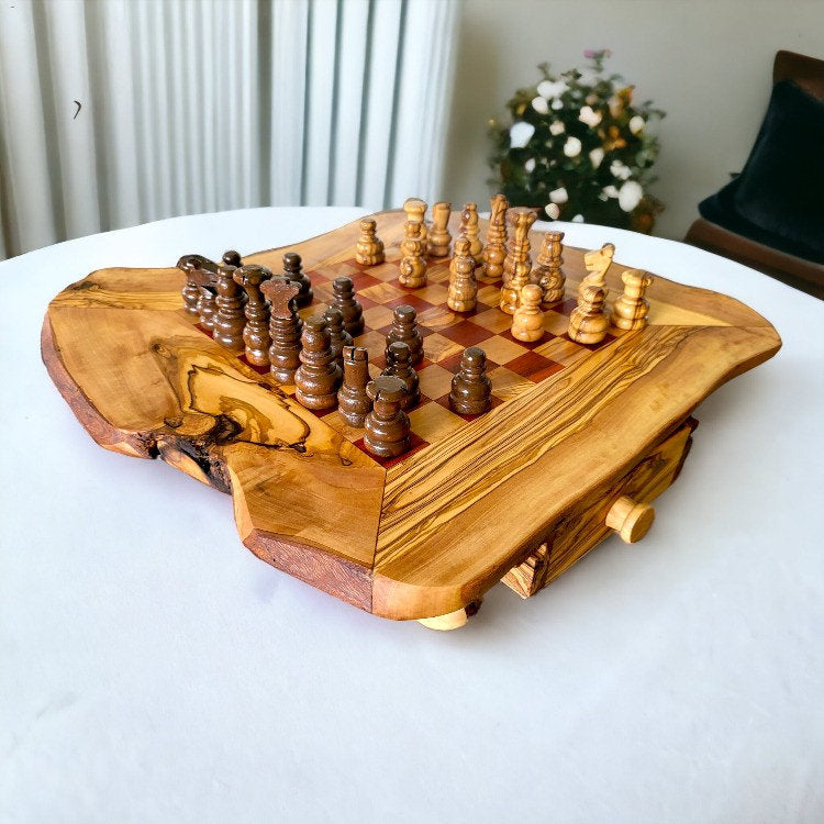 Olive Wood Wooden Handcrafted Chess Board Set W/ Pieces & Two Drawers - Perfect Unique Gift For Chess Lovers