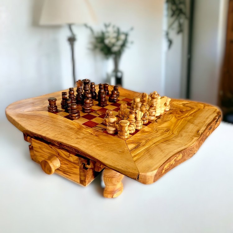 Olive Wood Wooden Handcrafted Chess Board Set W/ Pieces & Two Drawers - Perfect Unique Gift For Chess Lovers