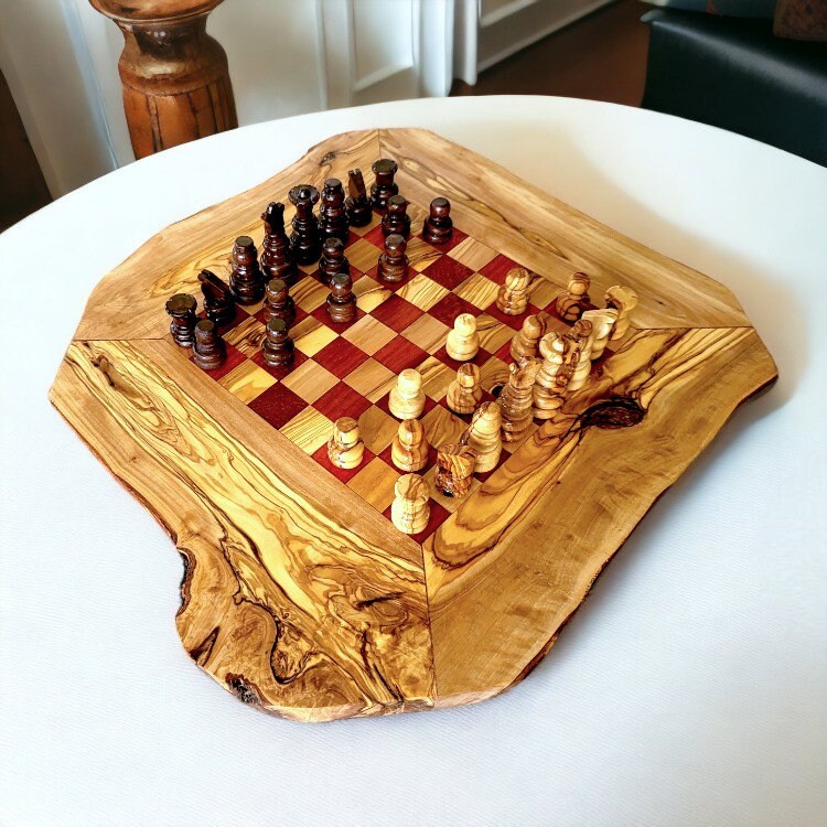 Olive Wood Wooden Handcrafted Chess Board Set W/ Pieces & Two Drawers - Perfect Unique Gift For Chess Lovers