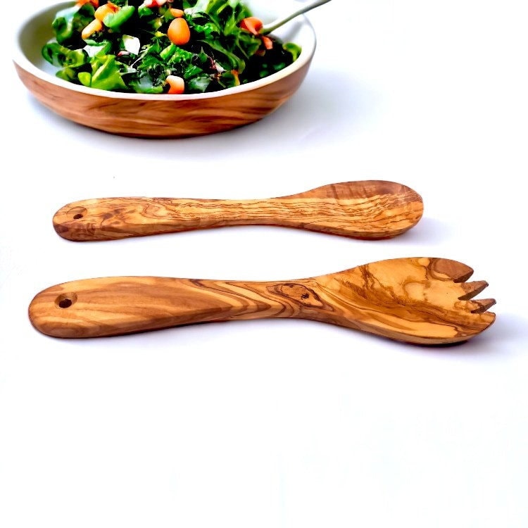 Olive Wood Large Salad Serving Set Of Wooden Spork & Spoon | Various Sizes