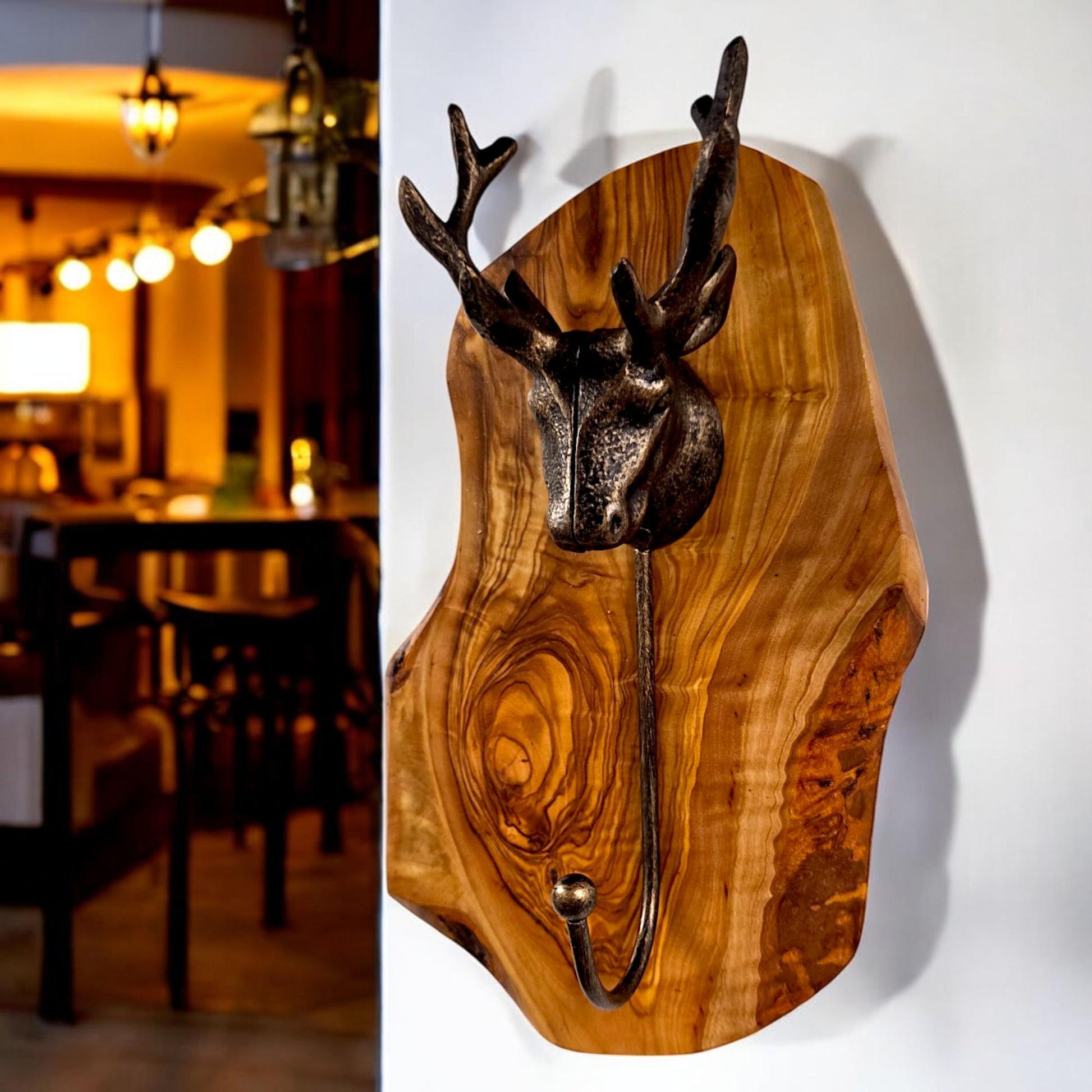 Antique Stag Head Single Wall Hook with Rustic olive wood base