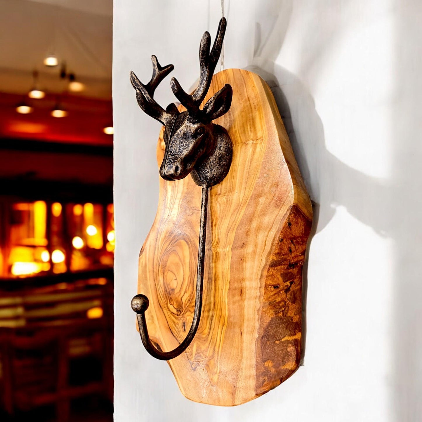 Antique Stag Head Single Wall Hook with Rustic olive wood base