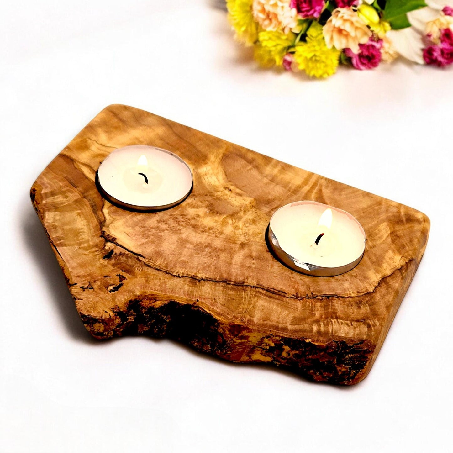 Olive Wood Flat Wooden Tealight Candle Holder | Various Sizes