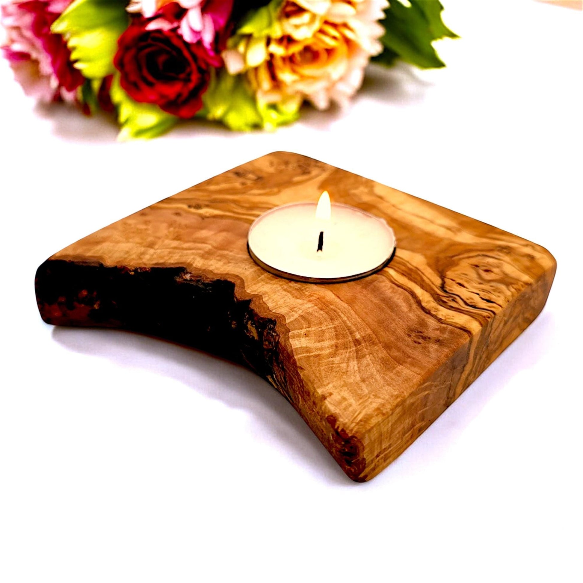 Olive Wood Flat Wooden Tealight Candle Holder | Various Sizes