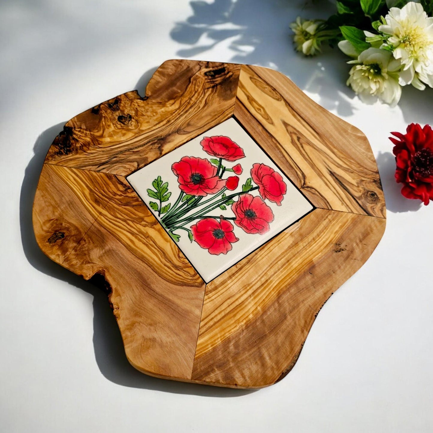 Rustic Olive Wood Ceramic Restaurant Serving Tray