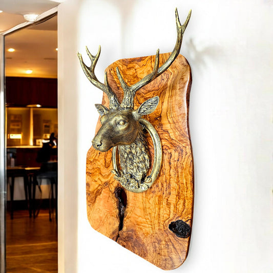 Rustic wall mounted metal stag head with rustic olive wood base