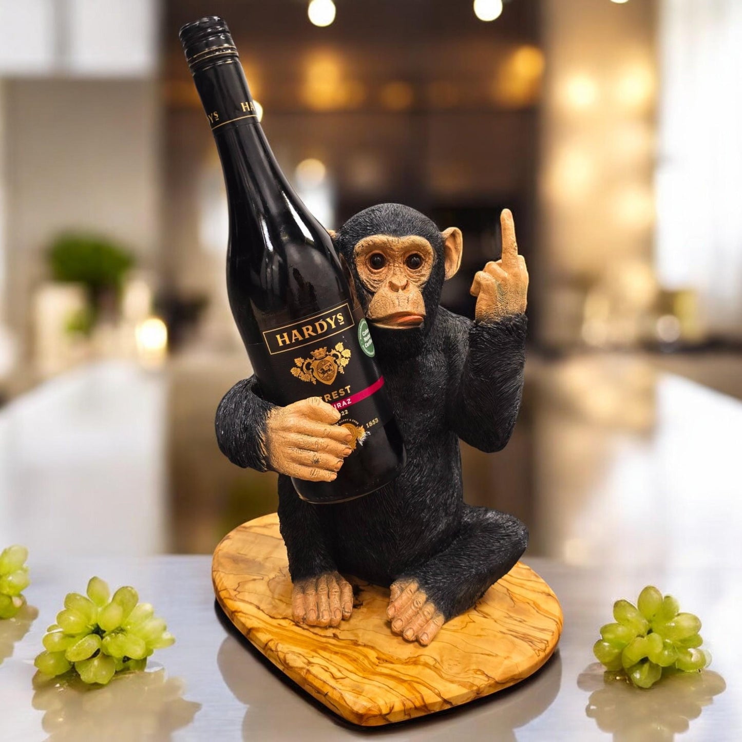 Black Up Yours Monkey Wine Bottle Holder with heart shape olive wood board