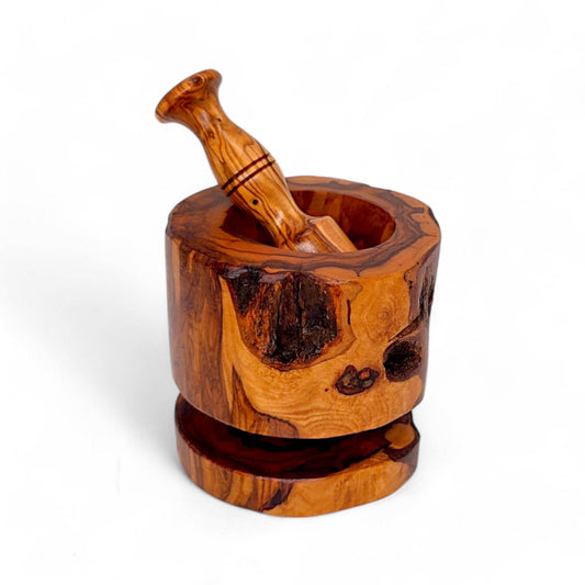 Olive Wood Rustic Mortar & Pestle with Support , pestle and mortar, grinding, crushing, gift, christmas