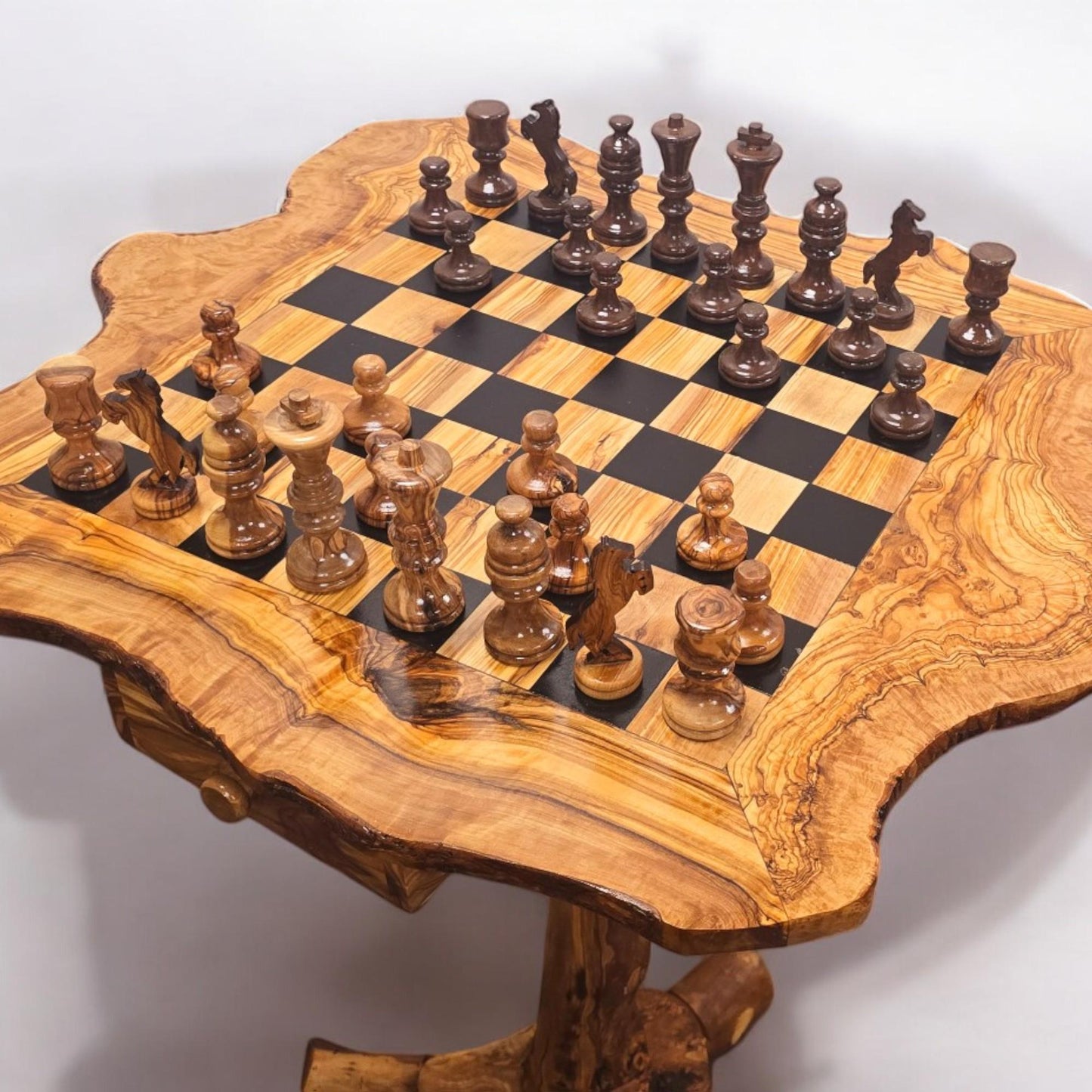 Personalised Olive Wood Natural Hand Crafted Fantasy Look Wooden Chess Board Set Table With Pieces | Unique Gift Idea