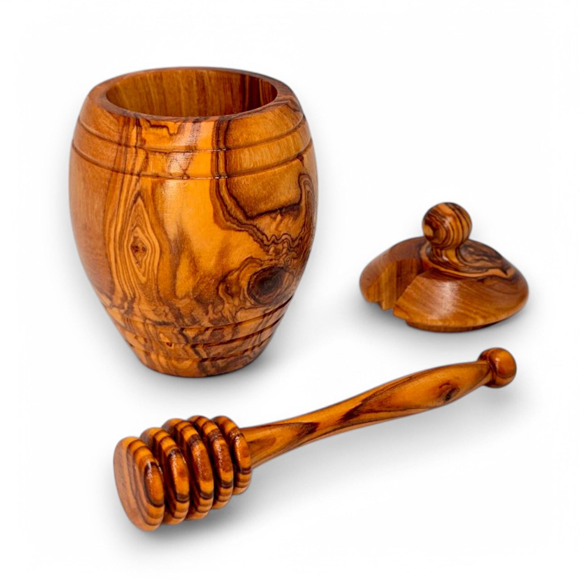 Olive Wood Wooden Honey Pot With Lid & Dipper