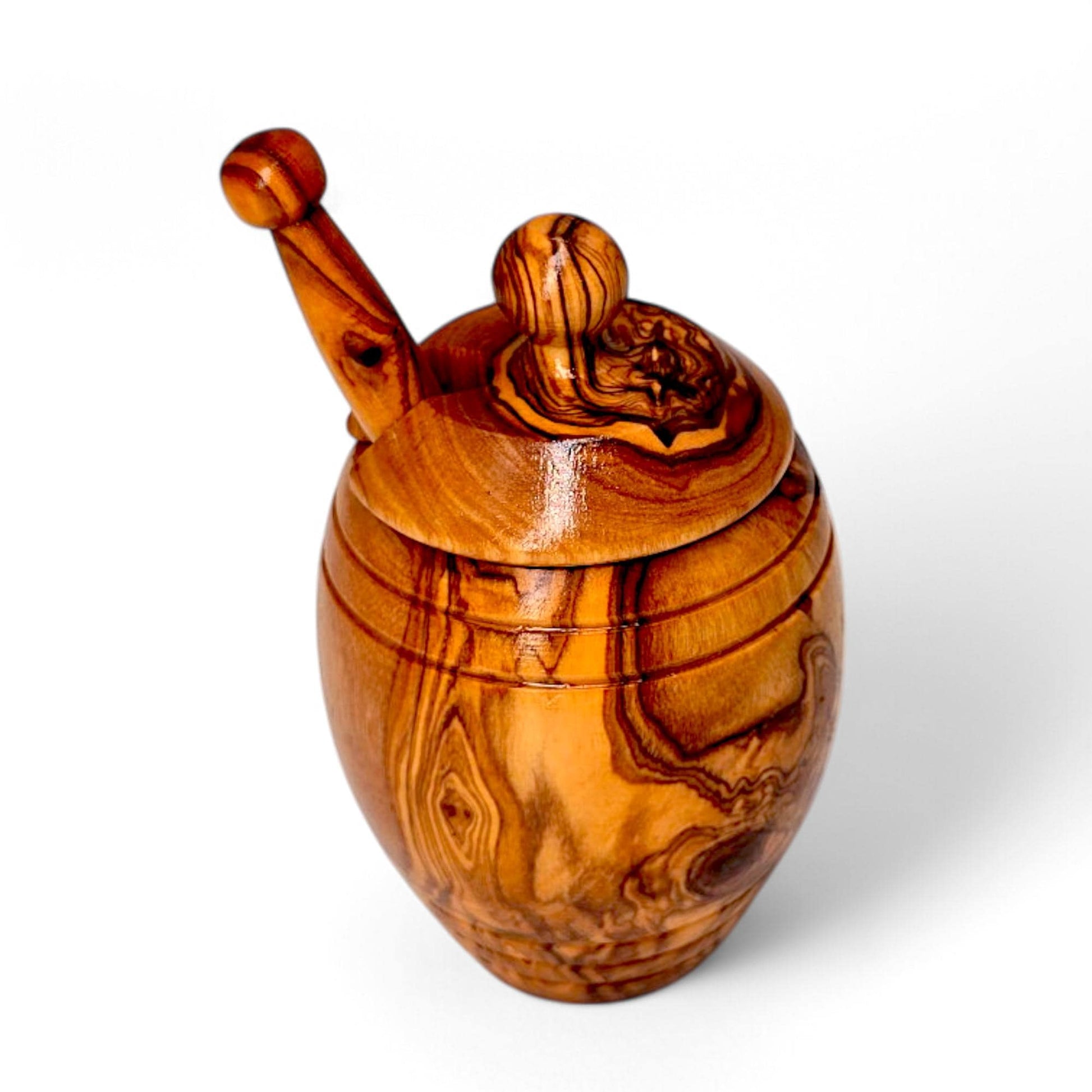 Olive Wood Wooden Honey Pot With Lid & Dipper