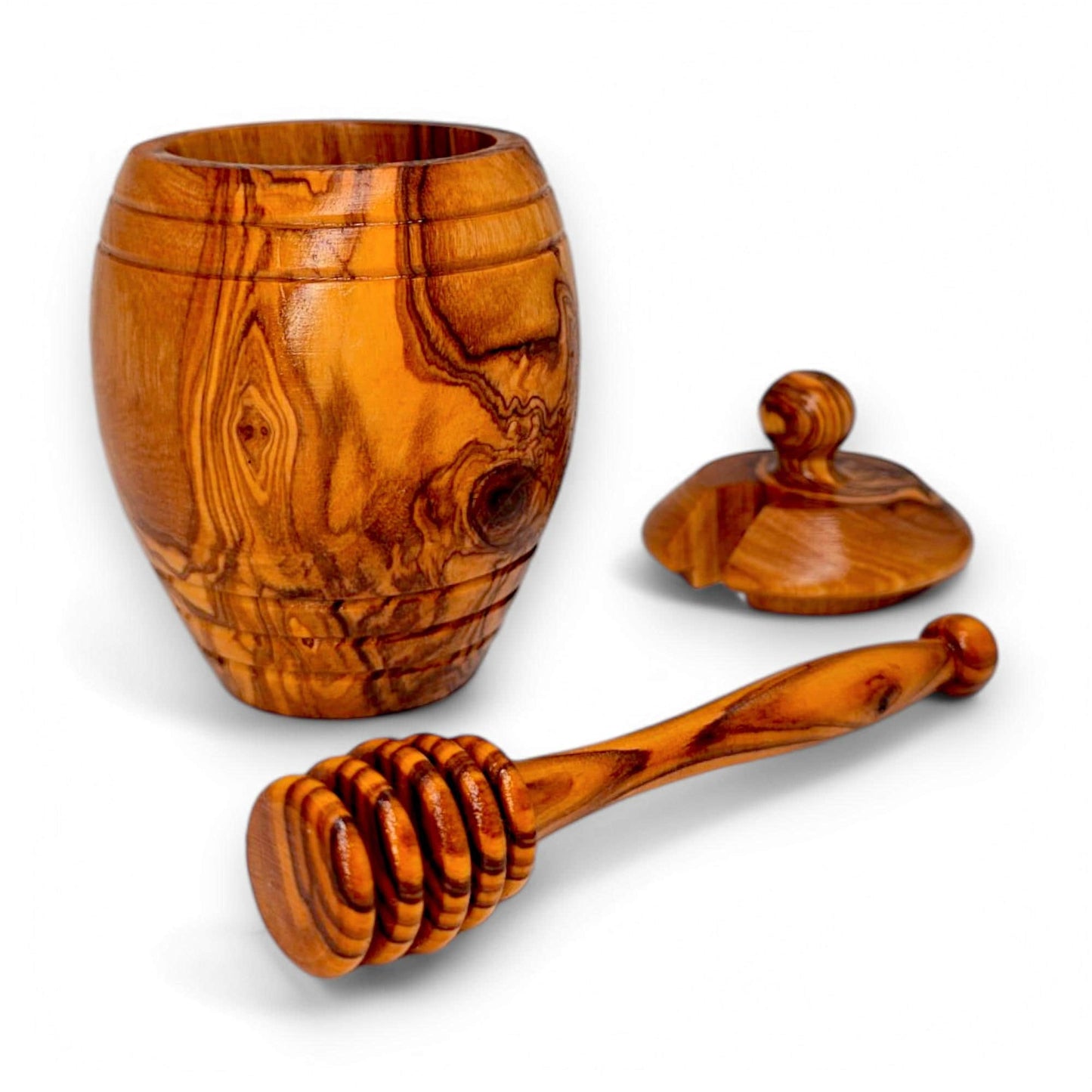 Olive Wood Wooden Honey Pot With Lid & Dipper