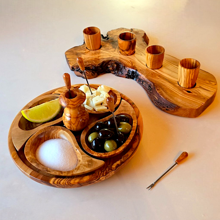 Luxury Hand-Finished Olive Wood Tequila & Appetizer Set