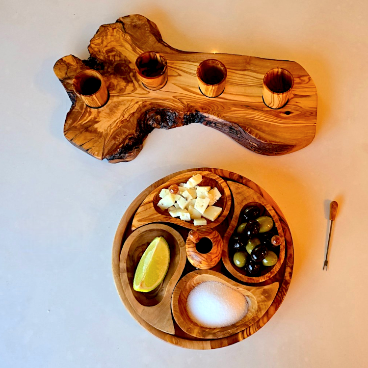 Luxury Hand-Finished Olive Wood Tequila & Appetizer Set