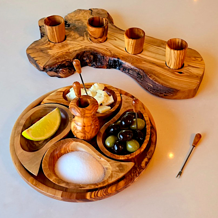 Luxury Hand-Finished Olive Wood Tequila & Appetizer Set