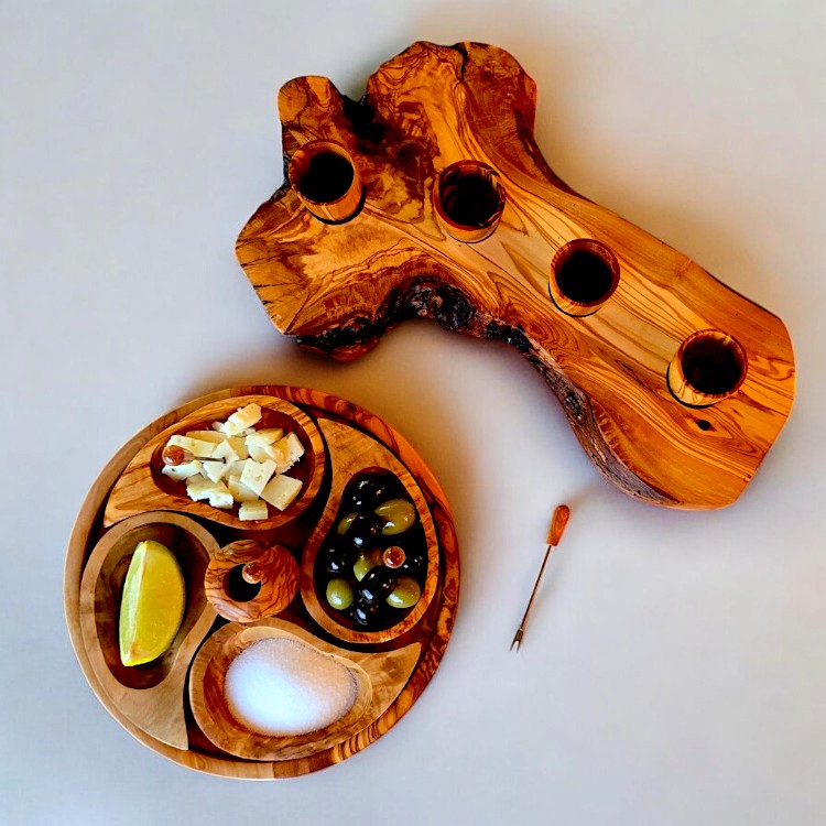 Luxury Hand-Finished Olive Wood Tequila & Appetizer Set