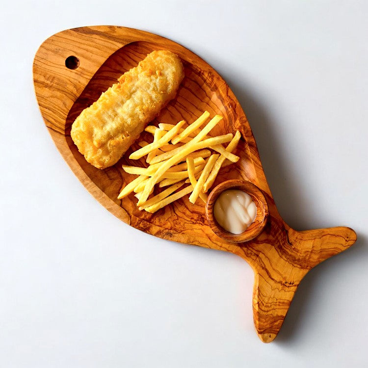 Hand-Finished Olive Wood Fish-Shaped Serving Board Set