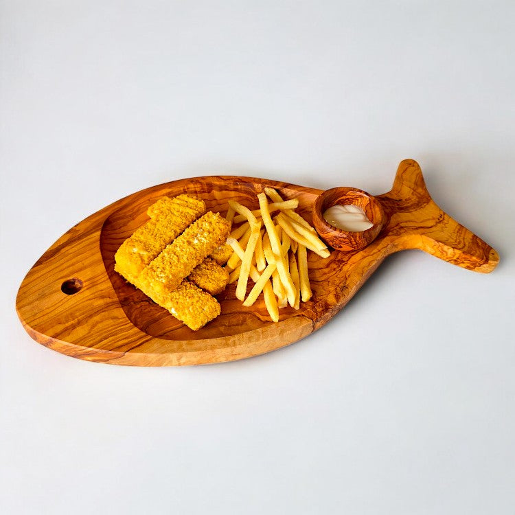 Hand-Finished Olive Wood Fish-Shaped Serving Board Set