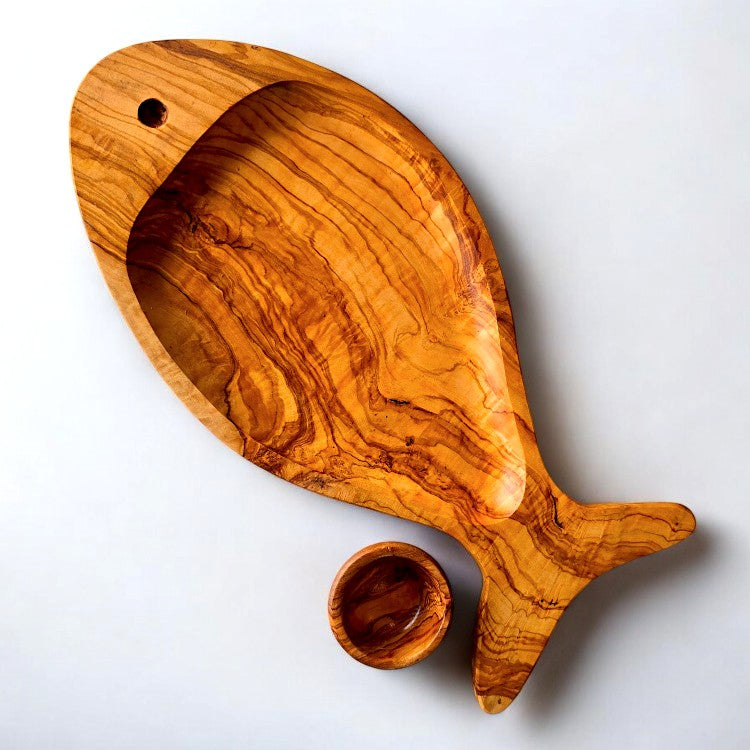 Hand-Finished Olive Wood Fish-Shaped Serving Board Set