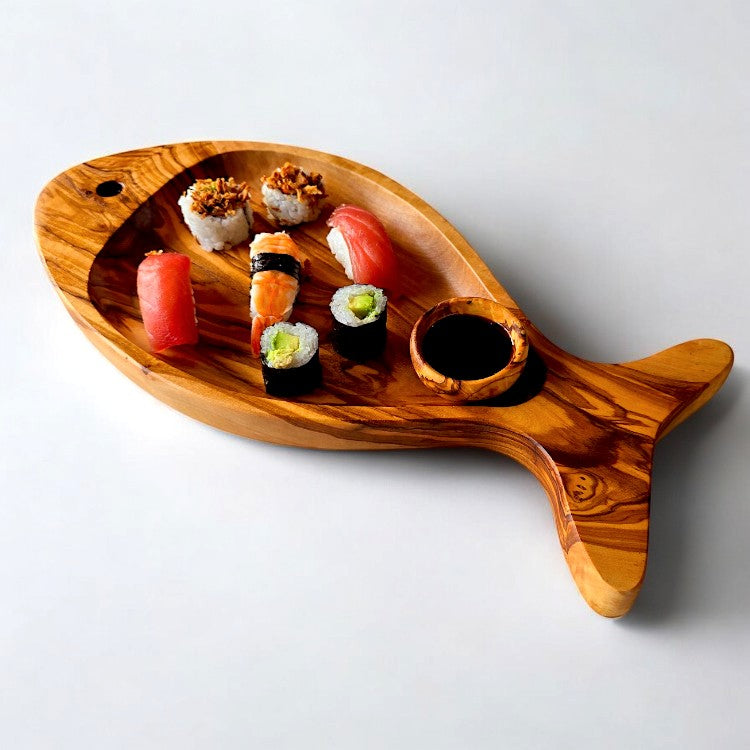 Hand-Finished Olive Wood Fish-Shaped Serving Board Set