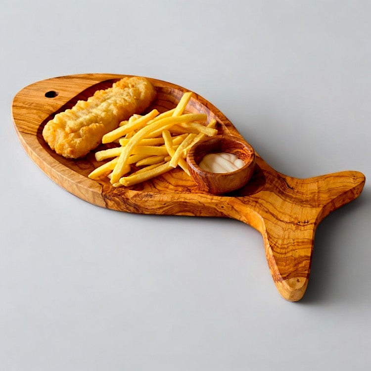 Hand-Finished Olive Wood Fish-Shaped Serving Board Set